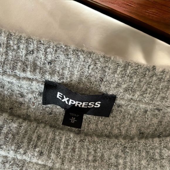Express Women's Silver Sequined Gray Crewneck Crop Ribbed Sweater Medium - Picture 10 of 15